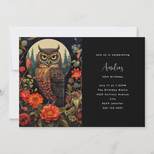 Owl at Night with a Full Moon Birthday Invitation (Front)