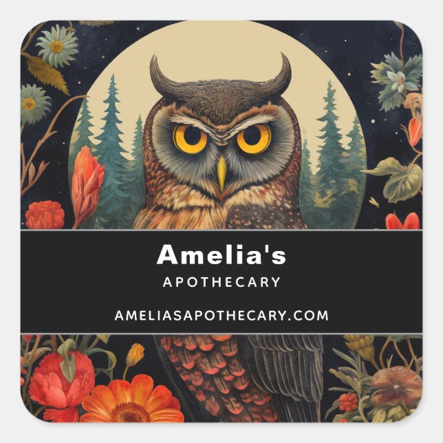 Owl at Night with a Full Moon - Business Square Sticker (Front)
