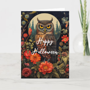Owl at Night with a Full Moon Halloween Holiday Card