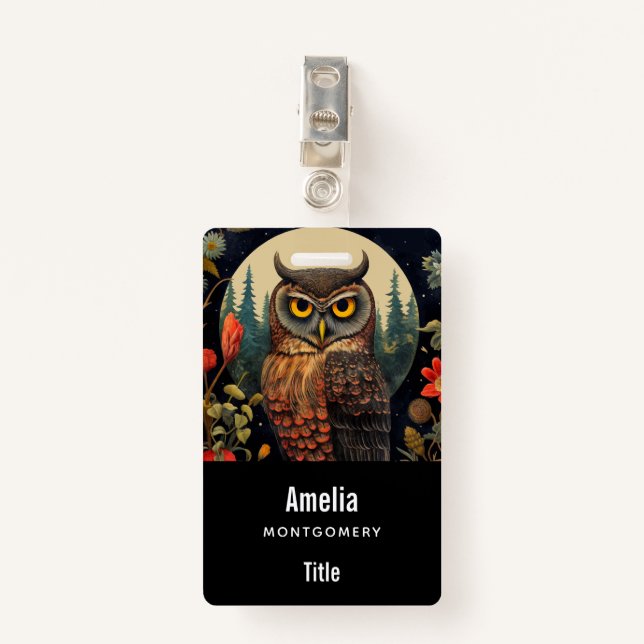 Owl at Night with a Full Moon ID Badge (Front with Clip)