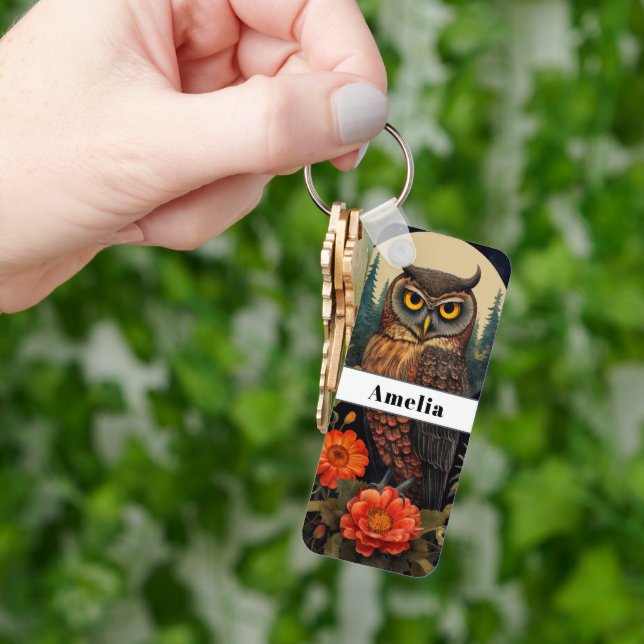 Owl at Night with a Full Moon Key Ring (Hand)