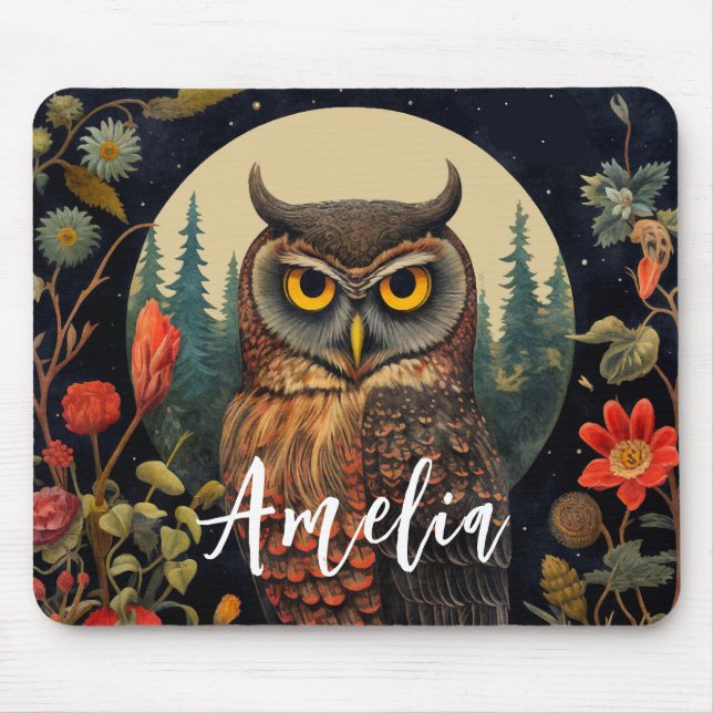 Owl at Night with a Full Moon Mouse Mat (Front)