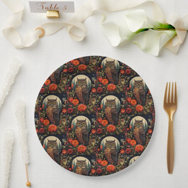 Owl at Night with a Full Moon Pattern Paper Plate (Wedding)