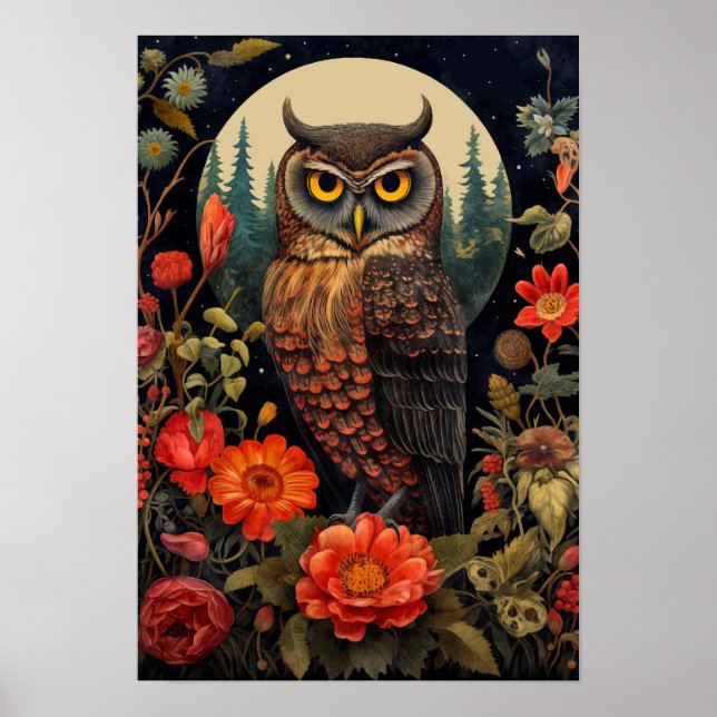 Owl at Night with a Full Moon Poster (Front)