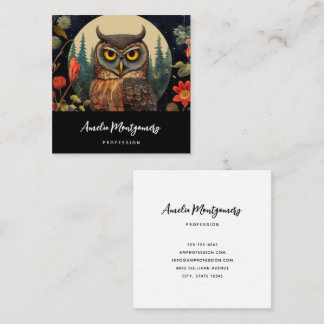 Owl at Night with a Full Moon Square Business Card