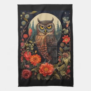 Owl at Night with a Full Moon Tea Towel