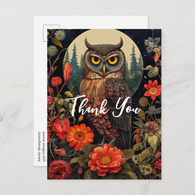 Owl at Night with a Full Moon Thank You Postcard (Front/Back)