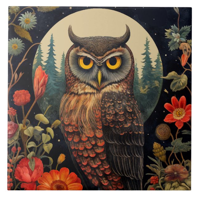 Owl at Night with a Full Moon Tile (Front)
