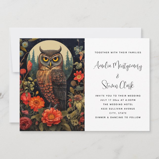 Owl at Night with a Full Moon Wedding Invitation (Front)