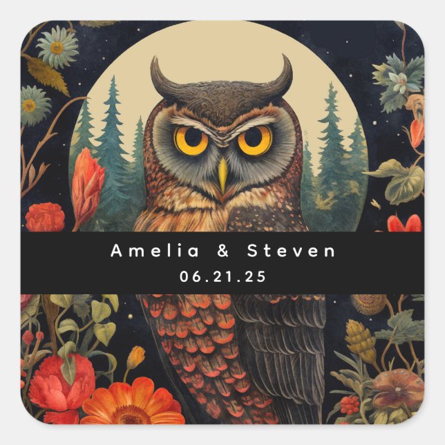 Owl at Night with a Full Moon - Wedding Square Sticker (Front)
