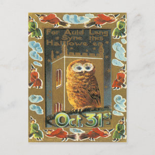 Owl Auld Lang Syne Flying Witch Halloween Postcard