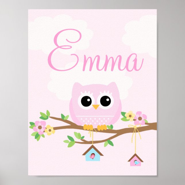 Owl Baby Girl pink personalised poster (Front)