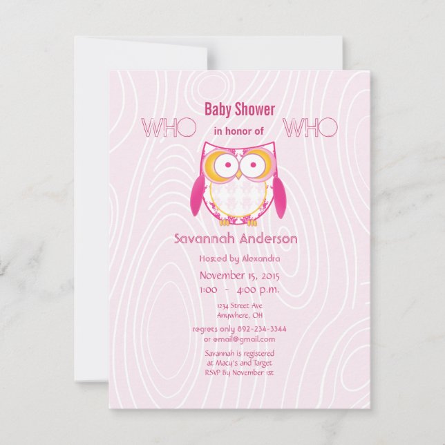 Owl Baby Girl PINK Wood Grain Pattern Shower Invitation (Front)