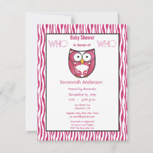 Owl Baby Girl PINK Zebra Stripe Shower Invitation
