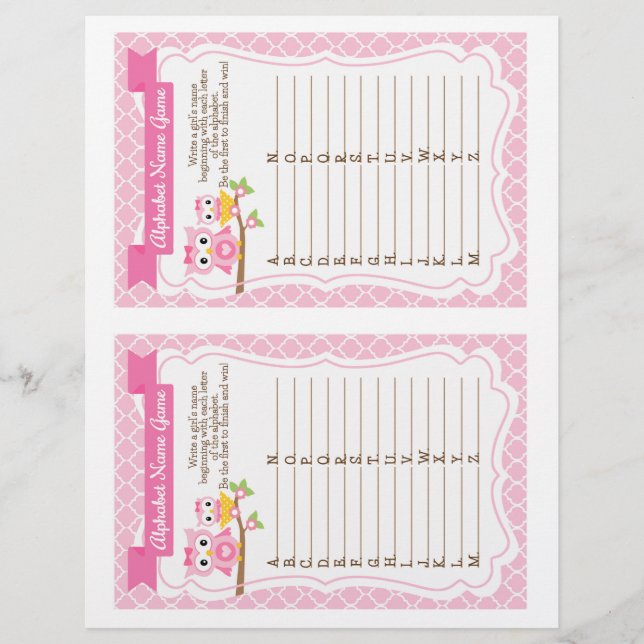 Owl Baby Shower Alphabet Name Game (Front)