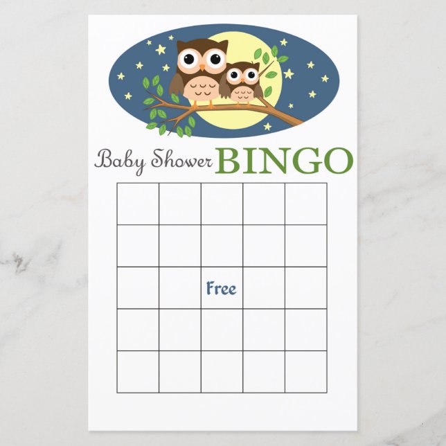 Owl baby shower bingo card (Front)