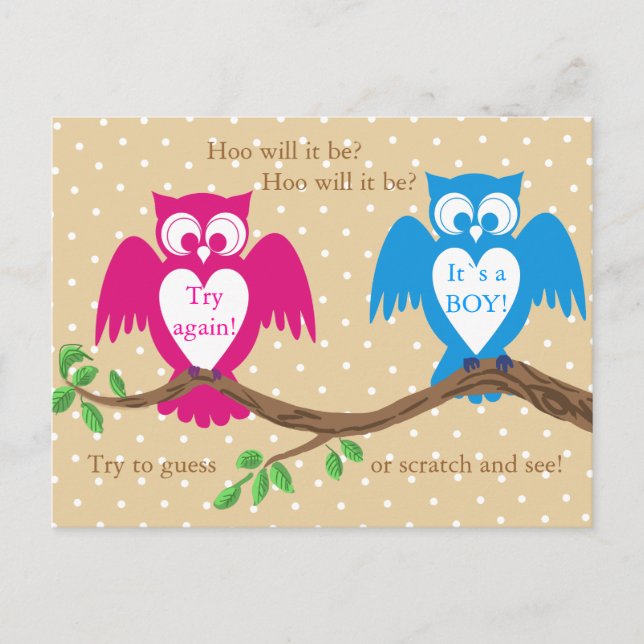 Owl baby shower gender reveal invitation postcard (Front)
