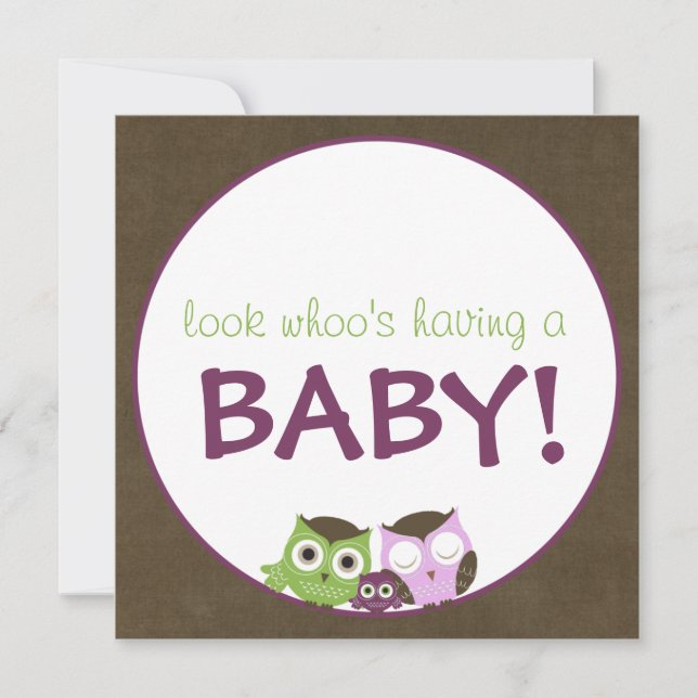 Owl Baby Shower | Girl >> brown, green & purple Invitation (Front)