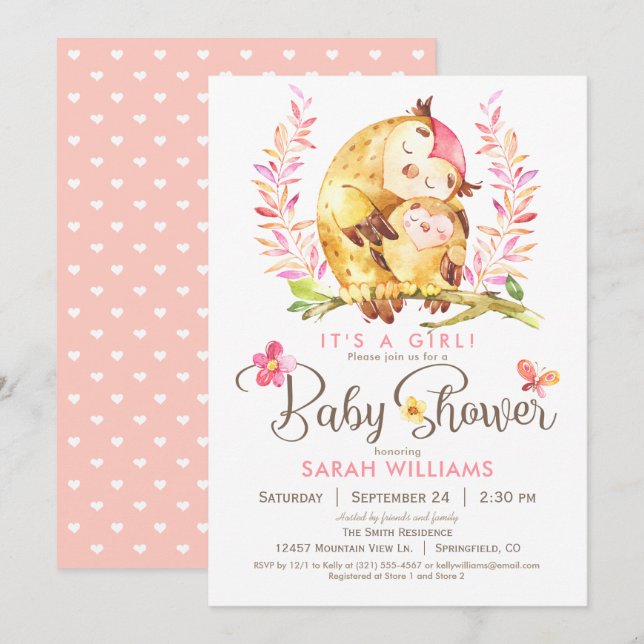 Owl Baby Shower, Girl Invitation (Front/Back)