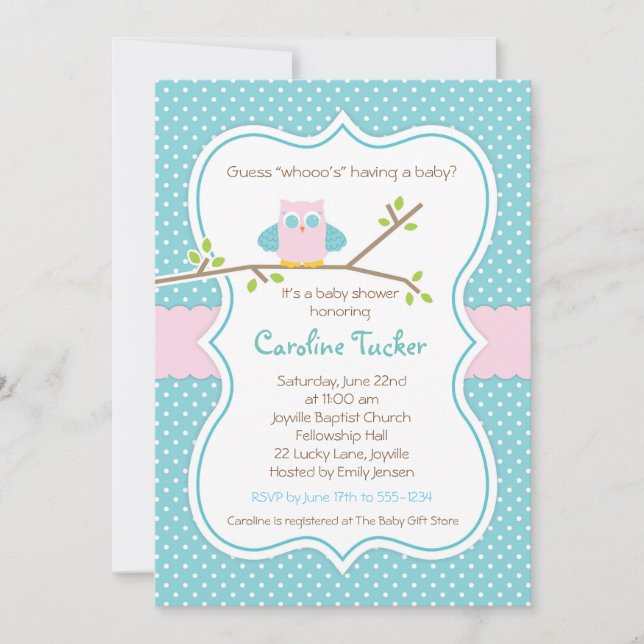 Owl Baby Shower Invitation - Baby Girl Pink & Aqua (Front)