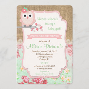 Owl baby shower invitation burlap lace mint pink