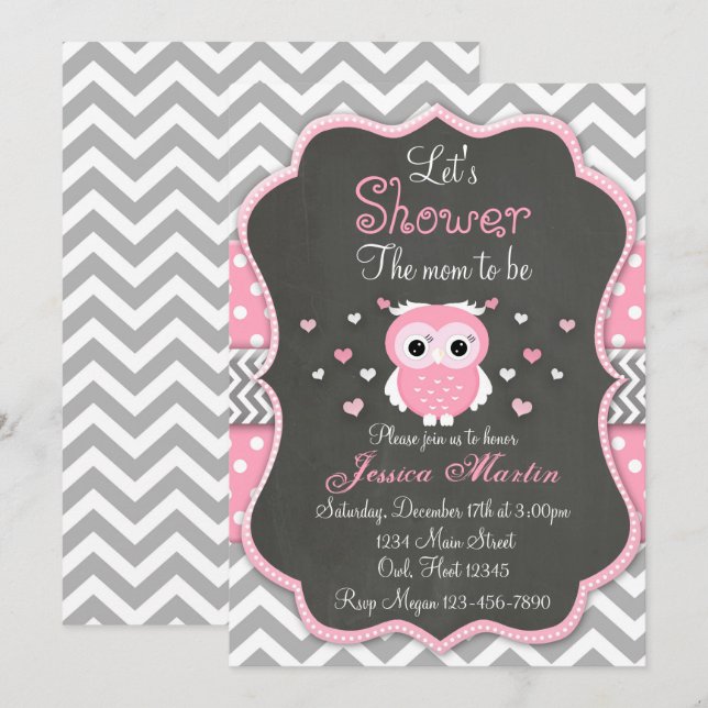 Owl Baby Shower Invitation, Chevron, Chalkboard Invitation (Front/Back)