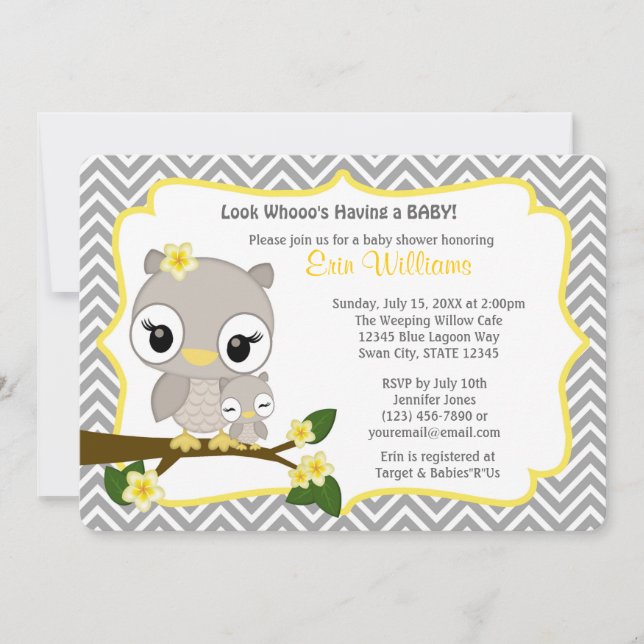 Owl Baby Shower invitation Chevron Grey Yellow 160 (Front)