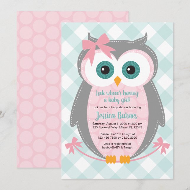 Owl baby shower invitation girl pink grey mint (Front/Back)