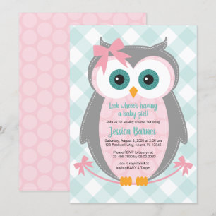 Owl baby shower invitation girl pink grey mint