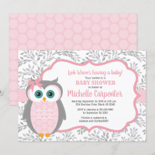 owl baby shower invitation girl pink grey woodland