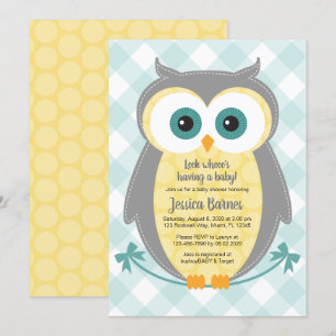 Owl baby shower invitation neutral yellow grey