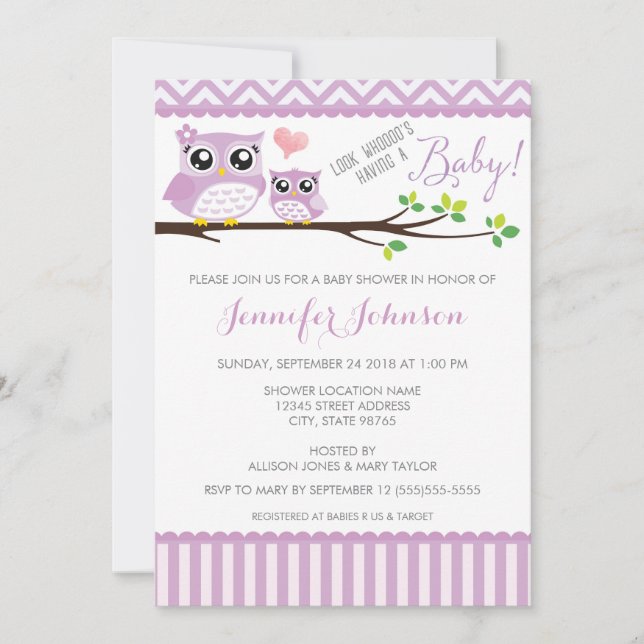 Owl Baby Shower Invitation | Purple Chevron | Girl (Front)