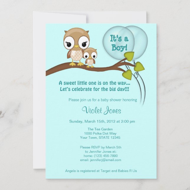 Owl Baby Shower Invitations Boy Mummy BLUE (Front)