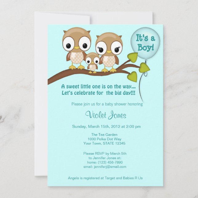 Owl Baby Shower Invitations Boy Mummy Daddy (Front)