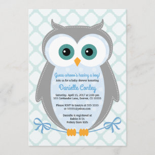 Owl baby shower invitations boys blue grey mint