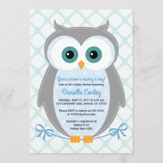 Owl baby shower invitations boys blue grey mint