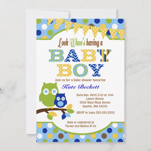 Owl Baby Shower Invitations for Baby Boy (Front)
