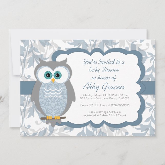 Owl Baby Shower Invitations for Boys, Blue - 830 (Front)