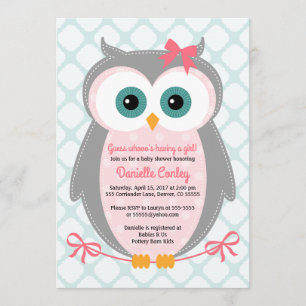 Owl baby shower invitations for girls mint pink
