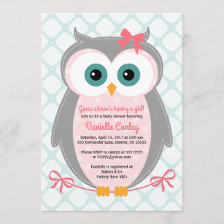 Owl baby shower invitations for girls mint pink