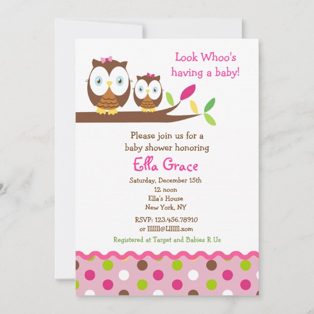 Owl Baby Shower Invitations Girl (Front)