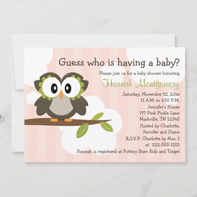 Owl Baby Shower Invitations Invites Pink (Front)