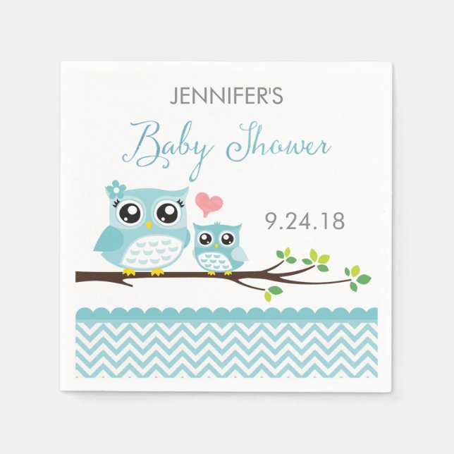Owl Baby Shower Napkins | Blue Chevron Boy (Front)