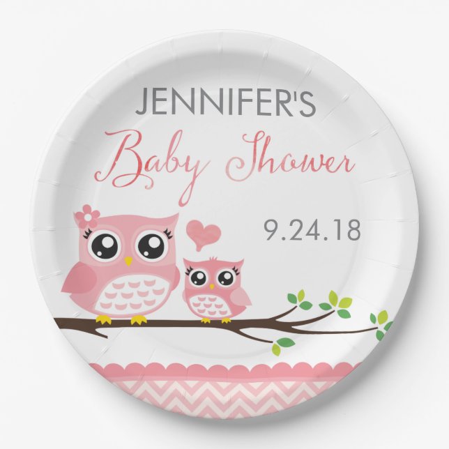 Owl Baby Shower Plate | Pink Chevron Girl (Front)