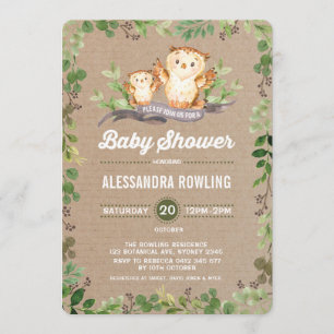 Owl Baby Shower Rustic Woodland Greenery Invite