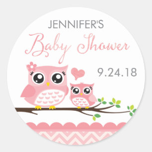 Owl Baby Shower Sticker Label   Pink Chevron Girl