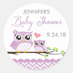 Owl Baby Shower Sticker Label Purple Chevron Girl