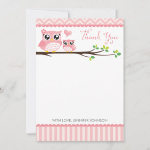 Owl Baby Shower Thank You Card   Pink Chevron Girl