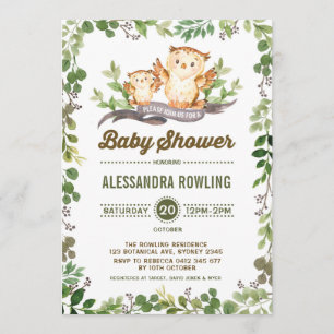 Owl Baby Shower Woodland Greenery Forest Invite