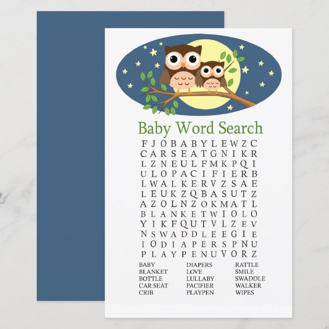 Owl Baby Shower Word Search Game (Front/Back)